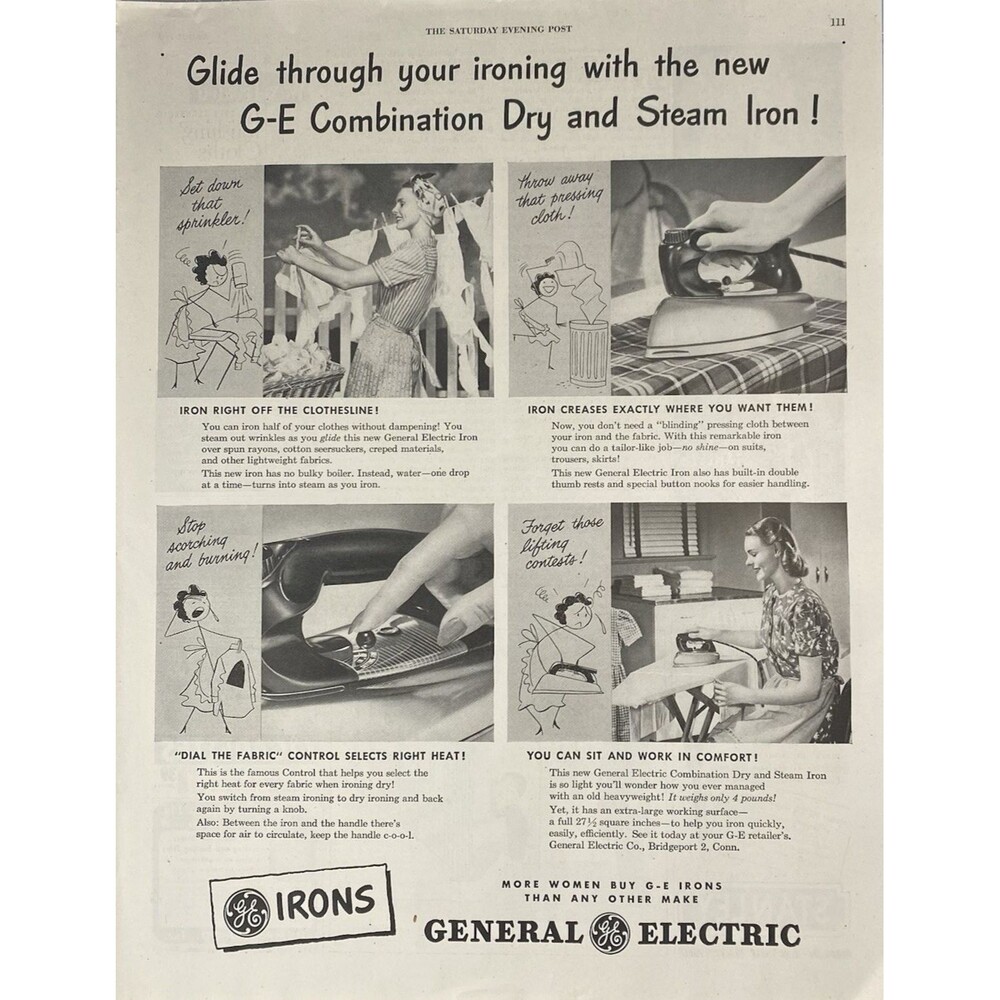 General Electric Combination Dry & Steam Iron "Glide Thru Ironing" Print Ad 1948